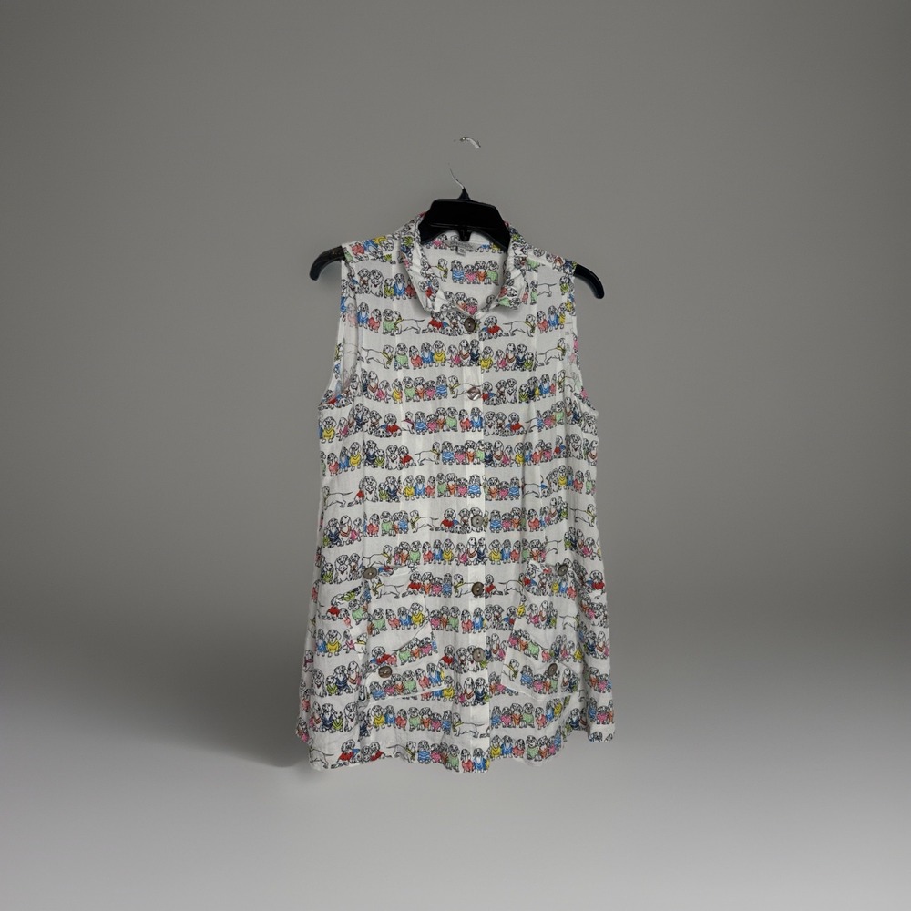 John Mark Women's M White/Multicolor Sleeveless Dog Print Blouse